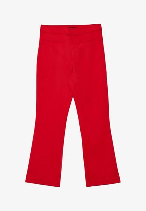 Red flared pants with a smooth texture, featuring a mid-rise waistband and two back pockets; no visible brand or patterns.