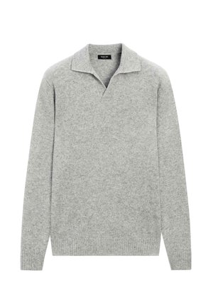 Lichtgrijze gebreide trui met lange mouwen, open kraag en geribde manchetten en zoom, gemarkeerd met Massimo Dutti.