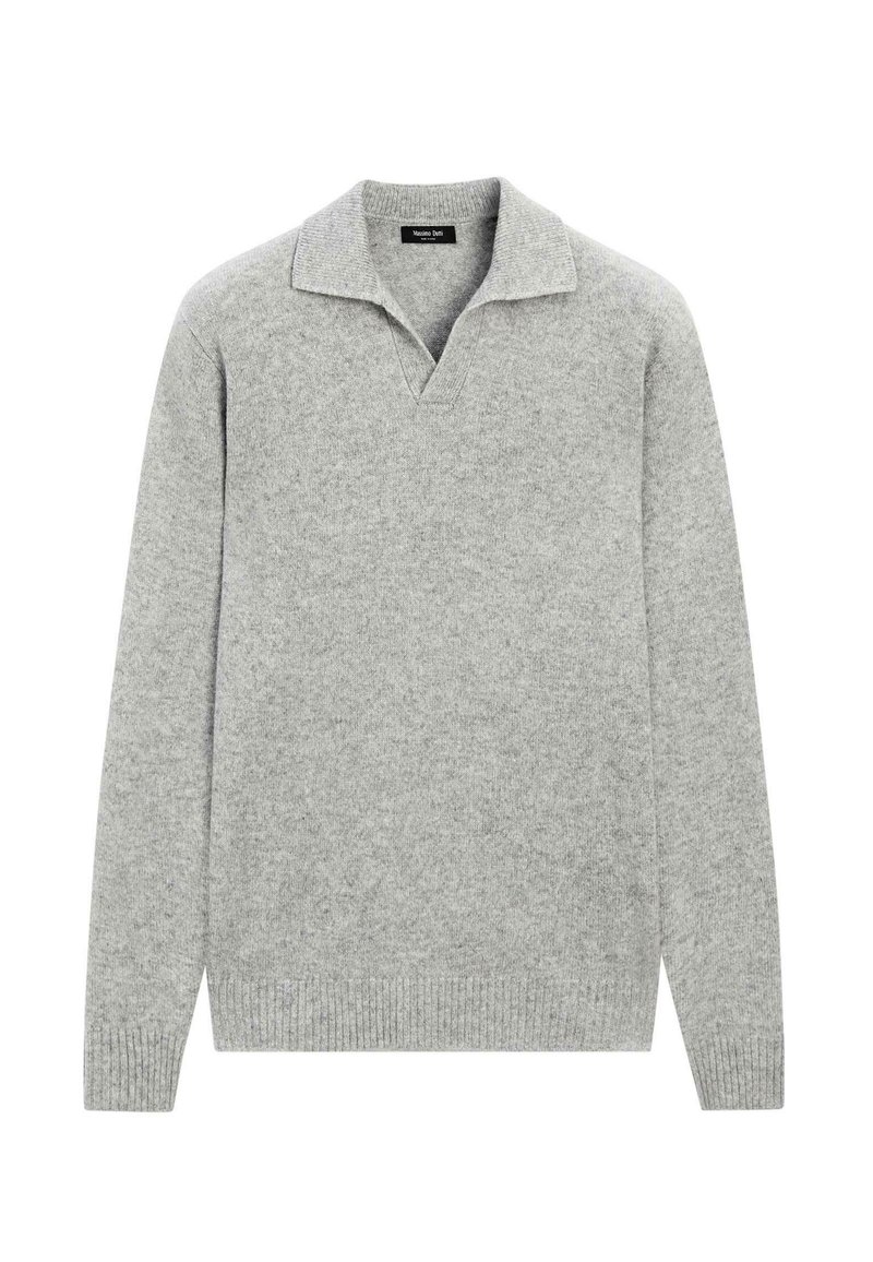 Helles graues, gestricktes Langarmoberteil mit offener Kragen und gerippten Bündchen und Saum, etikettiert mit Massimo Dutti.