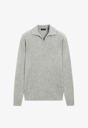 Helles graues, gestricktes Langarmoberteil mit offener Kragen und gerippten Bündchen und Saum, etikettiert mit Massimo Dutti.