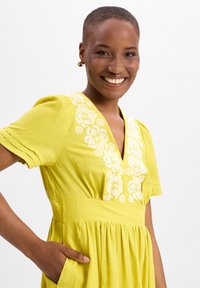 Yellow dress with short sleeves, v-neck, floral white embroidery around the neckline, fitted bodice, and skirt with pockets.