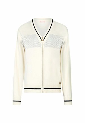 Cardigan bianco con zip, realizzato in materiale morbido, con scollo a V, pannello superiore testurizzato e strisce nere sui polsini e sull'orlo.