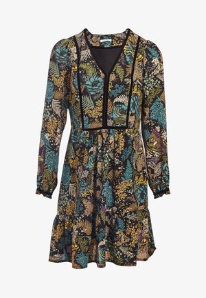 Robe noire à manches longues avec des motifs floraux et feuillages bleus, jaunes et verts, encolure en V, taille froncée et ourlet et poignets volantés.