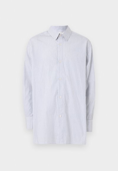 Langärmeliges Herrenhemd mit Knopfleiste, hellblauen und weißen vertikalen Streifen, spitzem Kragen und geknöpften Manschetten vor einfachem Hintergrund.
