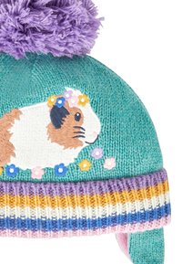 Megzta skrybėlė žaliojo mėlynumo spalvos, dekoruota siuvinėtu kiauliuku ir gėlių akcentais. Puošniai ją papildo violetinis pom-pom ir juostuotas, daugiakrikščiavimas ribotas kraštas.
