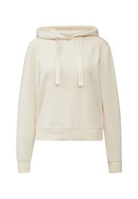 Kremowa bluza z kapturem wykonana z miękkiego materiału. Posiada kaptur ze ściągaczem, długie rękawy oraz dopasowany pas. Minimalistyczny design bez wzorów.