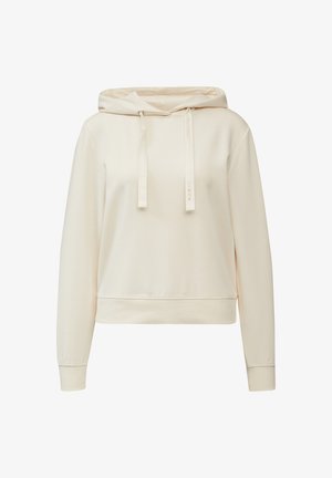 Kremowa bluza z kapturem wykonana z miękkiego materiału. Posiada kaptur ze ściągaczem, długie rękawy oraz dopasowany pas. Minimalistyczny design bez wzorów.