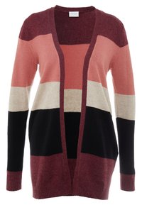 Stickad kofta med öppen front, med horisontella ränder i mörkröd, persika, krämfärgad och svart. Långa ärmar och ribbade muddar. Mjuk textur.