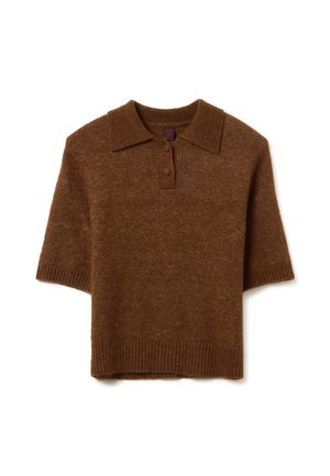 Bruin gebreid poloshirt met korte mouwen en een kraag, voorzien van twee knopen, geribbelde manchetten en onderrand. Zachte textuur met een iets losse pasvorm.