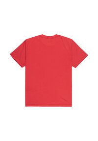 T-shirt en coton rouge, manches courtes, col rond. Texture lisse, coupe classique. Design uni sans logos ni motifs visibles.
