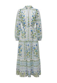 Long, white dress with a floral pattern in blue and green, featuring a collared neckline, long sleeves, and a cinched waist.
