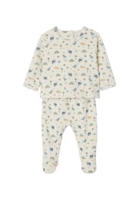 Cotton two-piece baby outfit with long sleeves and pants, featuring a cream base and multicolored animal and plant patterns.