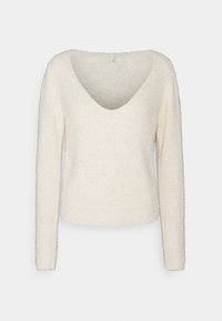 Cremefarbener Pullover mit tiefem V-Ausschnitt, langen Ärmeln und einer weichen, flauschigen Textur. Gerippten Saum und Bündchen. Einfaches, nahtloses Design.
