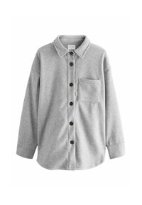 Gray flannel shirt with a button-down front, long sleeves, a collar, and a chest pocket. Features five brown buttons and soft texture.