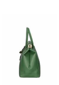 Grön läderhandväska med dubbla topphandtag, en strukturerad form och en slät yta. Har en guldfärgad detalj på stängningen.