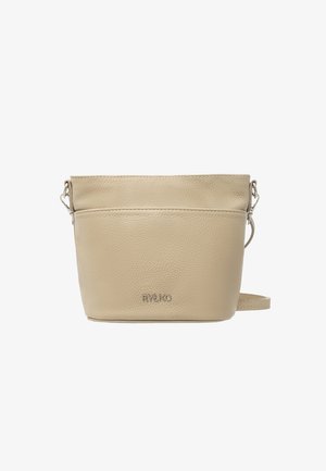 Borsa a secchiello in pelle beige con superficie texturizzata, logo impresso sulla parte anteriore, presenta una tracolla removibile e un design minimalista.