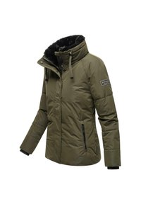 Olive green insulated jacket with a high collar, faux fur lining, two zippered side pockets, and elastic cuffs. Features adjustable drawstrings.