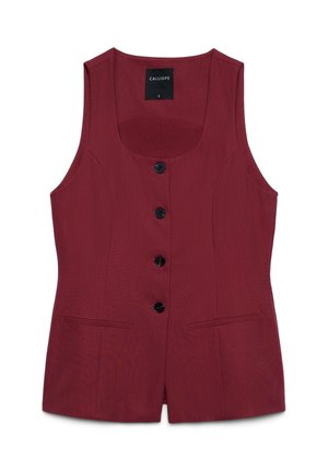Veste sans manches bordeaux avec boutons, encolure dégagée, deux poches fendues sur le devant et coutures ajustées, taille petite de la marque Calliope.