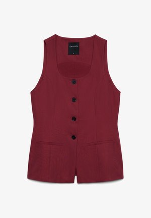 Veste sans manches bordeaux avec boutons, encolure dégagée, deux poches fendues sur le devant et coutures ajustées, taille petite de la marque Calliope.