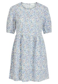 Robe fleurie bleu clair avec manches courtes bouffantes, encolure ronde, taille froncée et motif intégral de petites fleurs multicolores.