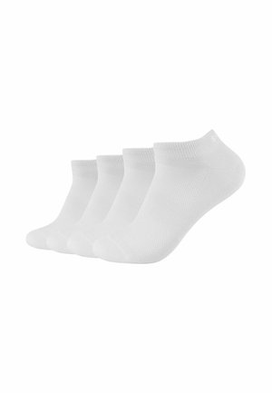 Vier Paar weiße Knöchelsocken mit einem strukturierten Muster, elastischen Bündchen und einer glatten Zehennähten. Geeignet für den Freizeitgebrauch.