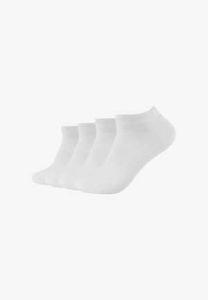 Vier Paar weiße Knöchelsocken mit einem strukturierten Muster, elastischen Bündchen und einer glatten Zehennähten. Geeignet für den Freizeitgebrauch.