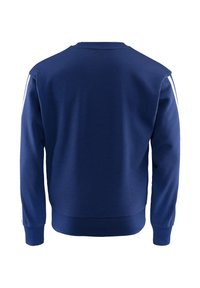Felpa blu navy con maniche lunghe, collo rotondo e strisce bianche sui lati. Tessuto morbido, vestibilità casual e polsini e fondo a coste.