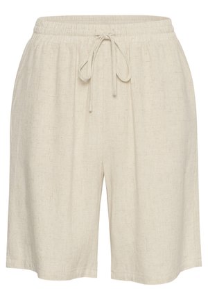 Shorts en lin beige clair avec une taille élastique et un cordon de serrage. Présente une coupe décontractée et une texture lisse.