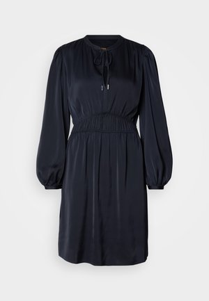 Navyblaues, langärmliges Kleid mit geraffter Taille, rundem Ausschnitt und Kordelzug. Hergestellt aus glattem, leichtem Stoff.