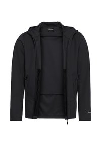 Zwarte softshelljas met een volledige rits, verstelbare capuchon en ritssluitingen aan de zijkant. Voorzien van mesh voering en een gestructureerd oppervlak.