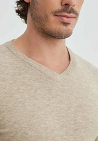 Pull en V beige fabriqué dans un tissu doux et texturé ; présente un col côtelé et des variations subtiles de couleur. Vue rapprochée de la partie supérieure du corps.