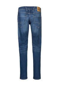Denim jeans in dark blue with a straight fit, featuring two back pockets and a brown leather patch on the waistband.
