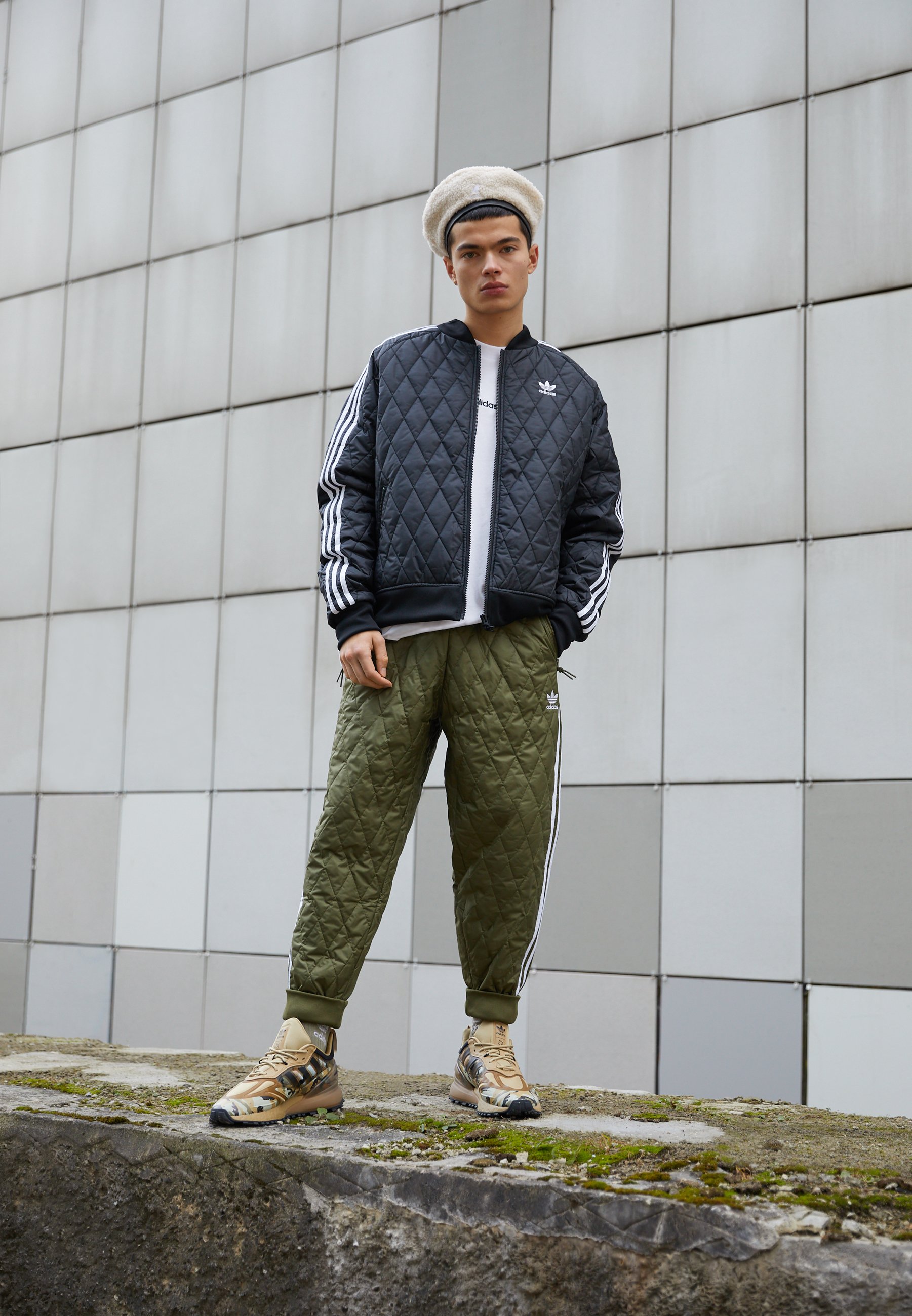 bomber jacket with adidas pants
