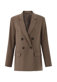Brauner, doppelt geknöpfter Blazer mit texturiertem Finish, zwei Fronttaschen und schwarzen Knöpfen; verfügt über einen Reverskragen und lange Ärmel.