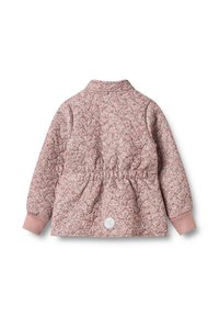 Kurtka pikowana w różowo-kremowych odcieniach, z taliowaniem, ściągaczami na rękawach i naszywką z logo z tyłu. Teksturowana tkanina z delikatnym wzorem.