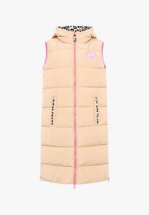 Beige gepolsterte Weste mit Kapuze, pinkem Reißverschluss und Innenfutter im Leopardenmuster. Verfügt über zwei Seitentaschen mit Leopardenakzenten.