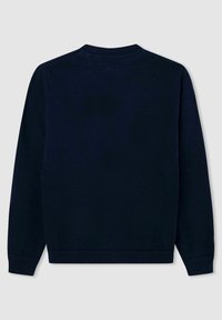 Granatowy sweter z dzianiny, okrągły dekolt, długie rękawy, ściągacze na mankietach i u dołu, gładki wzór, miękka tekstura, brak widocznych logo lub wzorów.