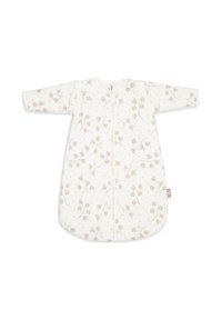 Sac de couchage en coton crème avec un léger imprimé floral. Il dispose de manches longues, d'une fermeture éclair à l'avant et d'un fond arrondi pour plus de confort.
