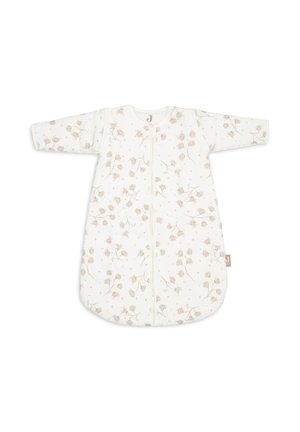 Sac de couchage en coton crème avec un léger imprimé floral. Il dispose de manches longues, d'une fermeture éclair à l'avant et d'un fond arrondi pour plus de confort.
