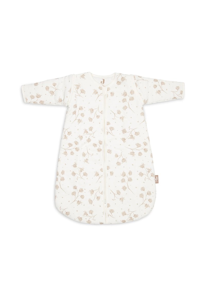 Sac de couchage en coton crème avec un léger imprimé floral. Il dispose de manches longues, d'une fermeture éclair à l'avant et d'un fond arrondi pour plus de confort.
