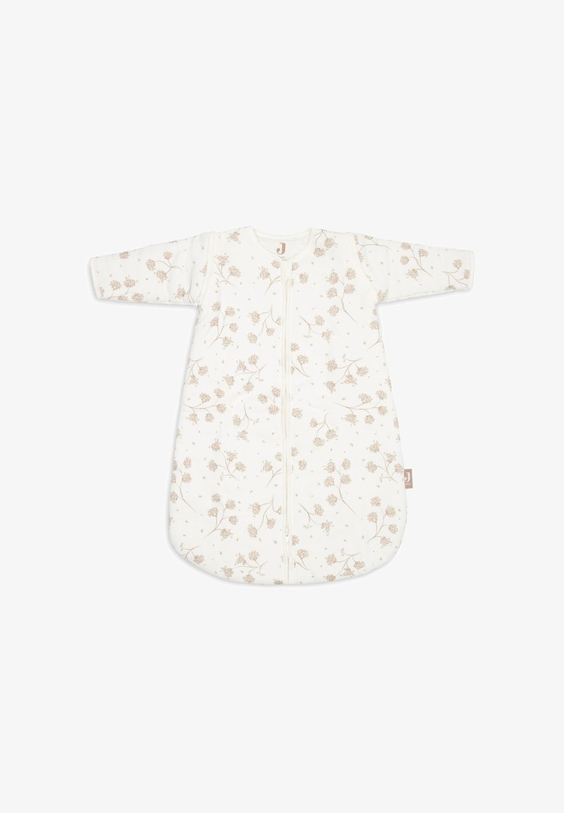 Sac de couchage en coton crème avec un léger imprimé floral. Il dispose de manches longues, d'une fermeture éclair à l'avant et d'un fond arrondi pour plus de confort.