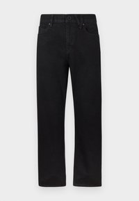 Jeans noirs à coupe droite avec bouton avant et fermeture éclair, passants pour ceinture et poches avant, présentés sur un fond uni.