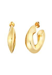 Zlaté náušnice se štíhlým, zakřiveným designem, které mají jeden podlouhlý a jeden zaoblený tvar. Hladký, lesklý povrch s leštěným finišem.