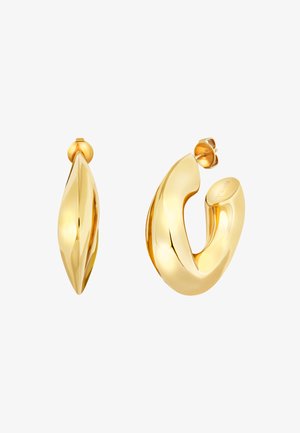 Gouden oorbellen met een slanke, gebogen vorm met één verlengd en één rond ontwerp. Gladde, glanzende oppervlakte met een gepolijste afwerking.