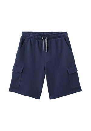 Marineblauwe cargoshorts met elastische tailleband, zwart-wit trekkoord, zijzakken en klepzakken op elke pijp.