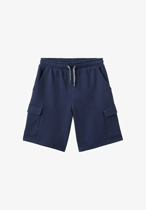 Marineblauwe cargoshorts met elastische tailleband, zwart-wit trekkoord, zijzakken en klepzakken op elke pijp.