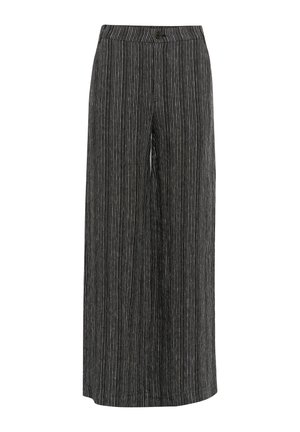 Wide-leg pants in black and white striped fabric. Features a button closure and a smooth texture. The design offers a loose fit and relaxed silhouette.
