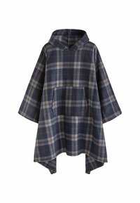Karierter Poncho in Dunkelblau und Grau, mit Kapuze und einer Vorderasche. Hergestellt aus weichem Stoff, hat er weite Ärmel und einen lässigen Schnitt.