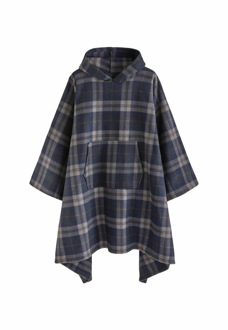 Karierter Poncho in Dunkelblau und Grau, mit Kapuze und einer Vorderasche. Hergestellt aus weichem Stoff, hat er weite Ärmel und einen lässigen Schnitt.