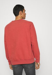 Felpa rossa con maniche lunghe e girocollo, realizzata in morbido tessuto. Presenta polsini e orlo a coste per una vestibilità aderente. Vista posteriore mostrata.
